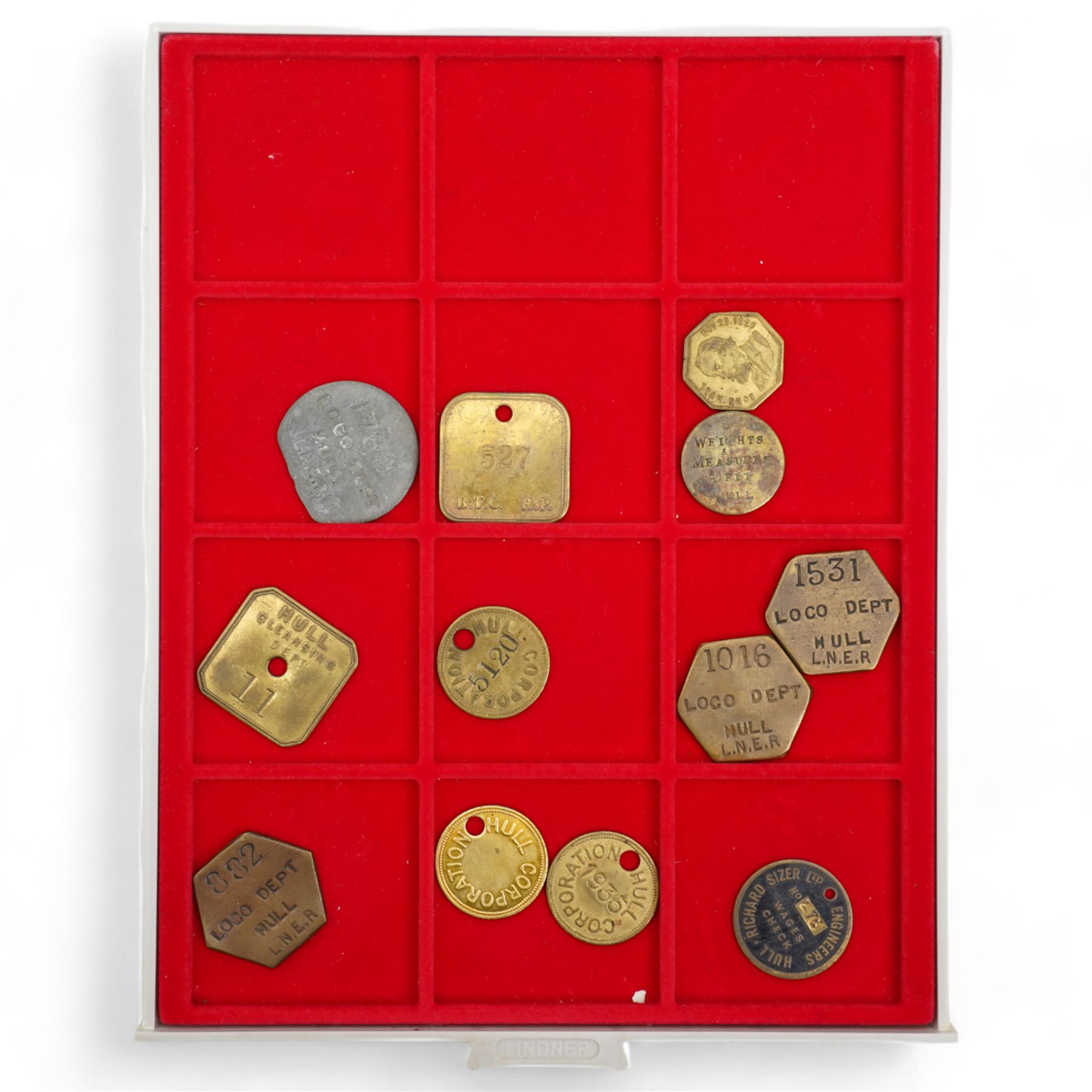 Checks and tokens, including '1016 Loco Dept Hull L.N.E.R', 'Hull Cleansing Dept 11', 'Richard Sizer Ltd Engineers Hull', 'Hull Fishing Vessel Owners Association Limited No 2392' etc, housed in two Lindner trays