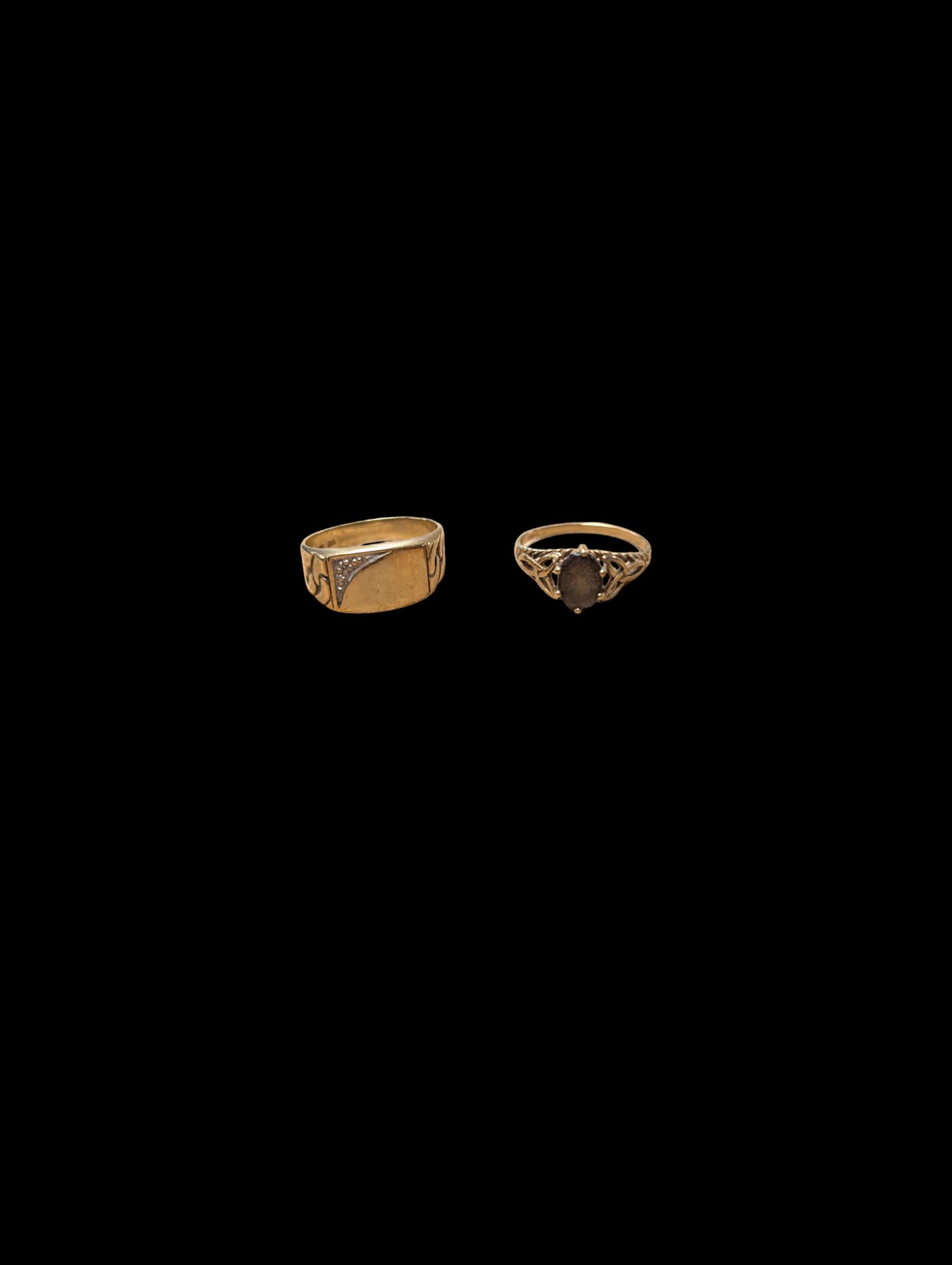 Two 9ct gold stone set rings, including diamond signet ring and a smoky quartz ring, both hallmarked