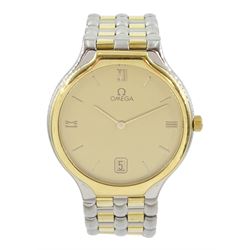 Omega gentleman's gold and stainless steel quartz wristwatch, Cal. 1441, champagne dial with baton and Roman hour markers and date aperture at 6 o'clock, on integrated Omega gold and stainless steel bracelet strap, with fold-over clasp