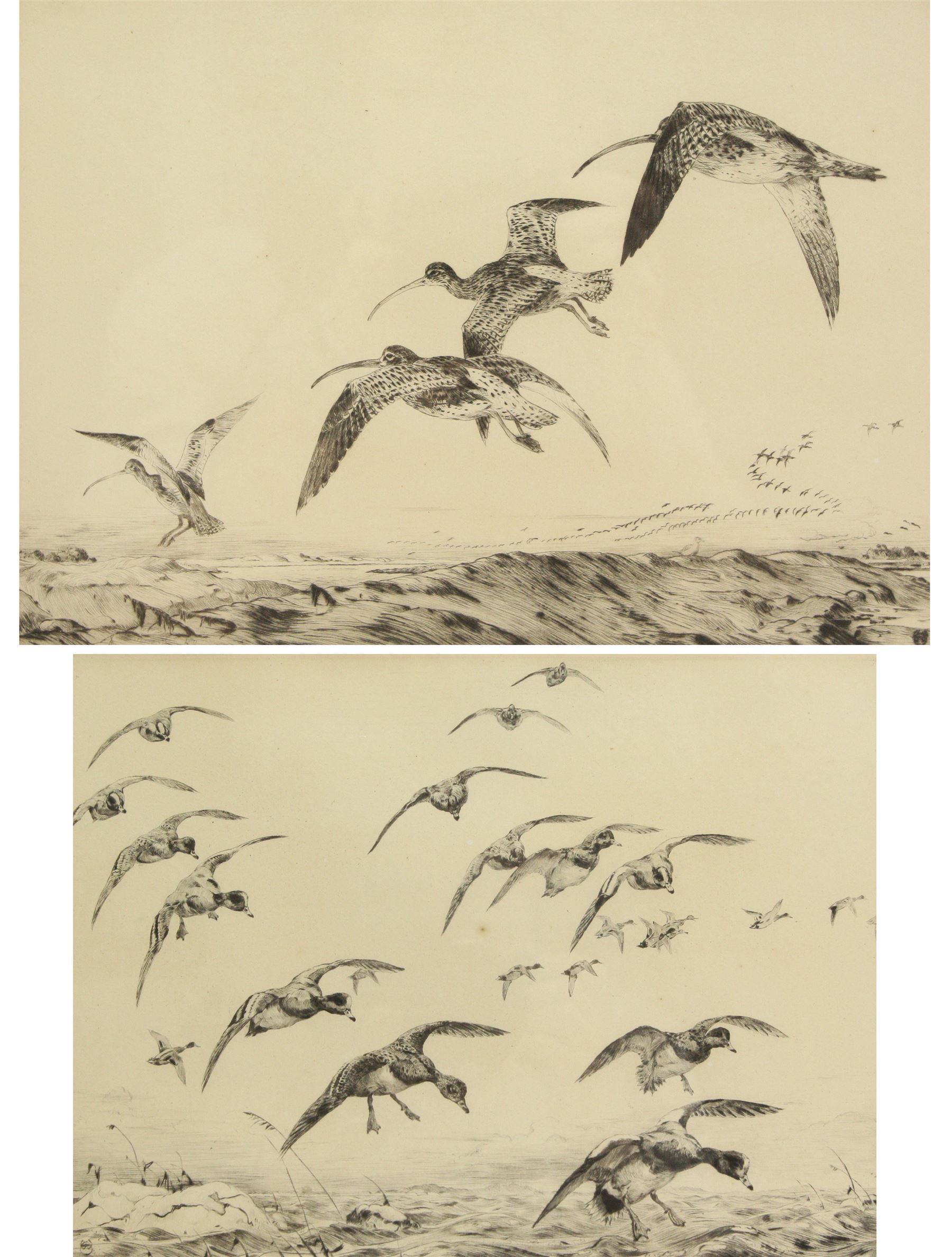 Winifred Marie Louise Austen (British 1876-1964): Snipe and Ducks in Flight, pair etching signed in pencil max 23cm x 31cm (2)