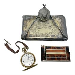 Novelty camera shaped compact and cigarette holder, gold plated full hunting cased pocket watch and silver plated golfing desk stand