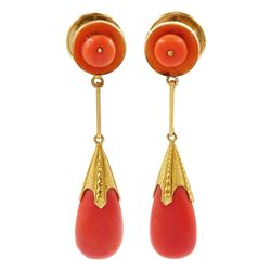 Pair of 18ct gold coral pendant stud earrings, in silk and velvet lined box