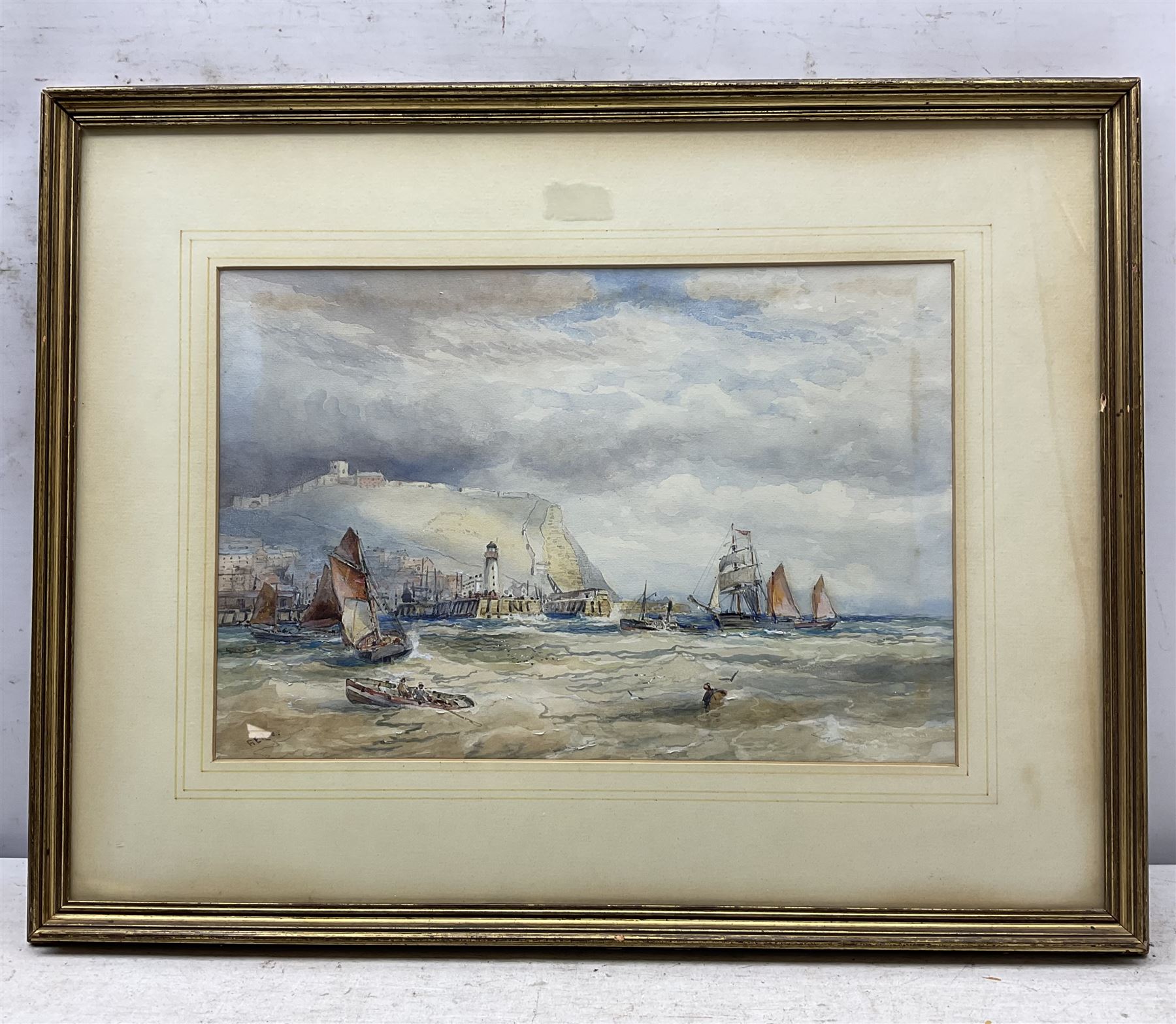 Robert Ernest Roe (British 1852-c.1921): Paddle Steamer and Sailing Vessels outside Scarborough Harbour, watercolour with scratching out signed 25cm x 37cm 