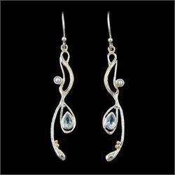 Pair of silver and 14ct gold wire blue topaz and pearl pendant stud earrings, stamped 925