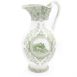 19th century Copeland & Garrett New Blanche wash jug, with green transfer printed decoration of 'West Cowes', H36cm, together with a treacle glaze pottery puzzle jug, H28cm