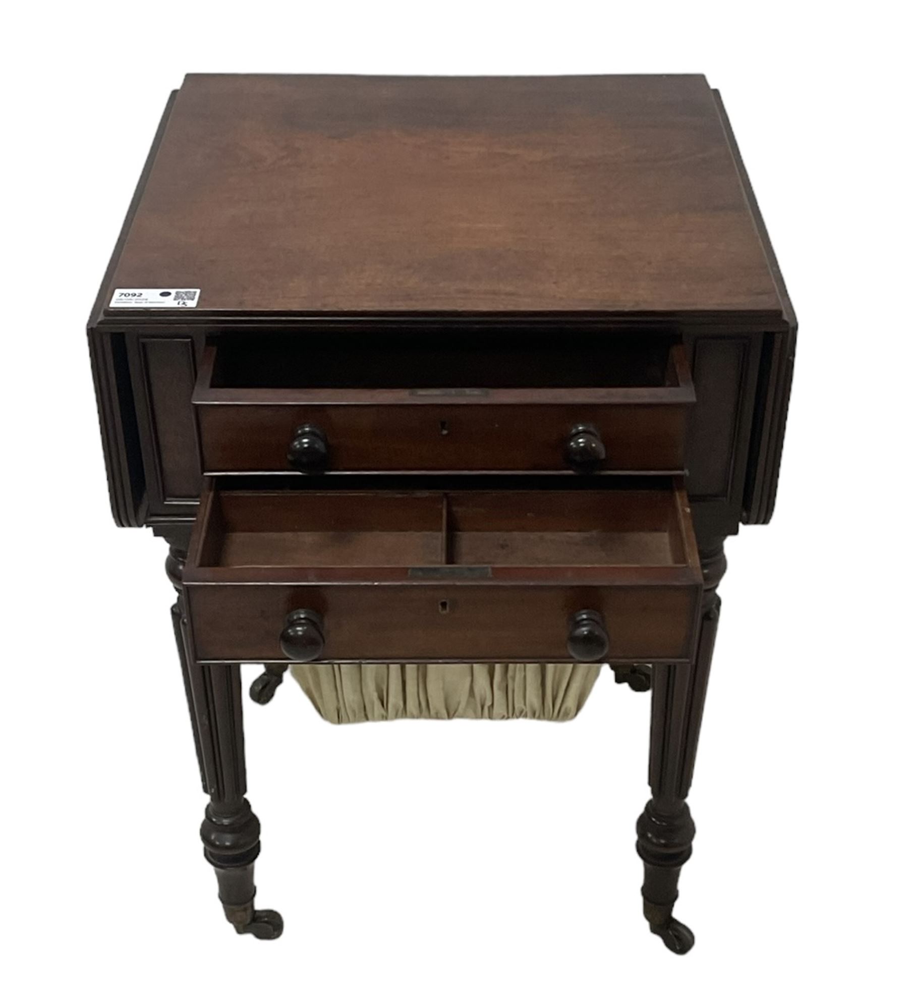 19th century mahogany drop-leaf work table, rectangular top with rounded corners, fitted with two cock-beaded drawers over pleated silk storage well, with matching opposing faux drawers, on turned and lobe moulded supports on castors