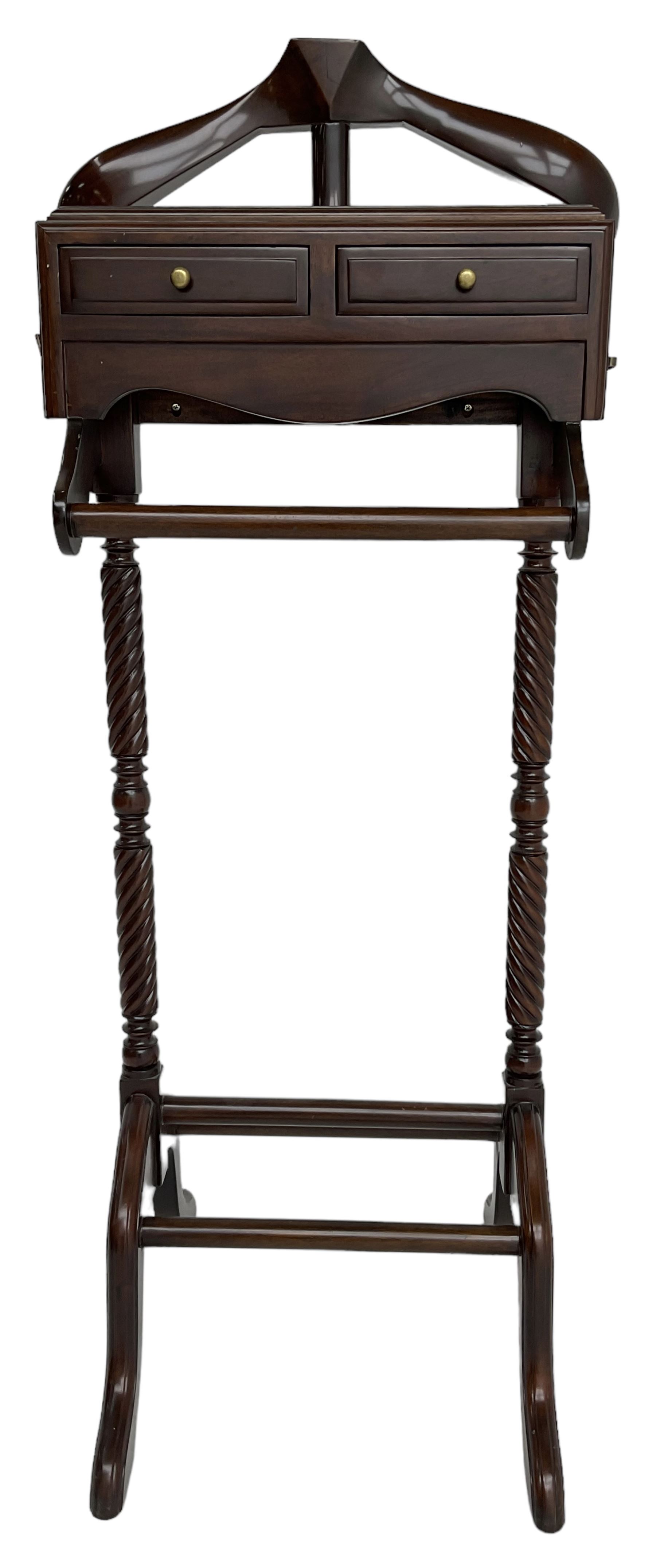 Regency design mahogany dumb-valet, fitted with jacket hanger, over two drawers and rail, twist-turned upright supports, on splayed feet united by shoe rests