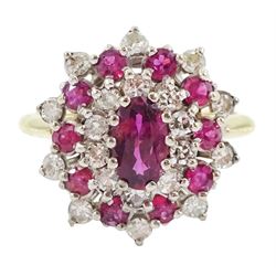 Gold oval and round cut ruby and single cut diamond cluster ring, stamped 18ct, total ruby...