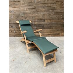 Pair of solid teak adjustable garden steamer armchairs, stainless brackets, with cushions