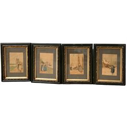 After Henry Cassiers (Belgian 1858-1944): Dutch Ladies in Village Scenes, set of four prints in matching frames (4)