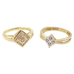 Gold round brilliant cut diamond, diamond shaped cluster ring and a gold four stone diamond cluster ring, both hallmarked 9ct