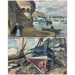 Manner of Enslin Hercules Du Plessis (South African 1894-1978): Boats on the Shore, oil on board unsigned 28cm x 38cm; French School (Mid 20th century): On the Harbourside, oil on canvas indistinctly signed 23cm x 32cm (2)