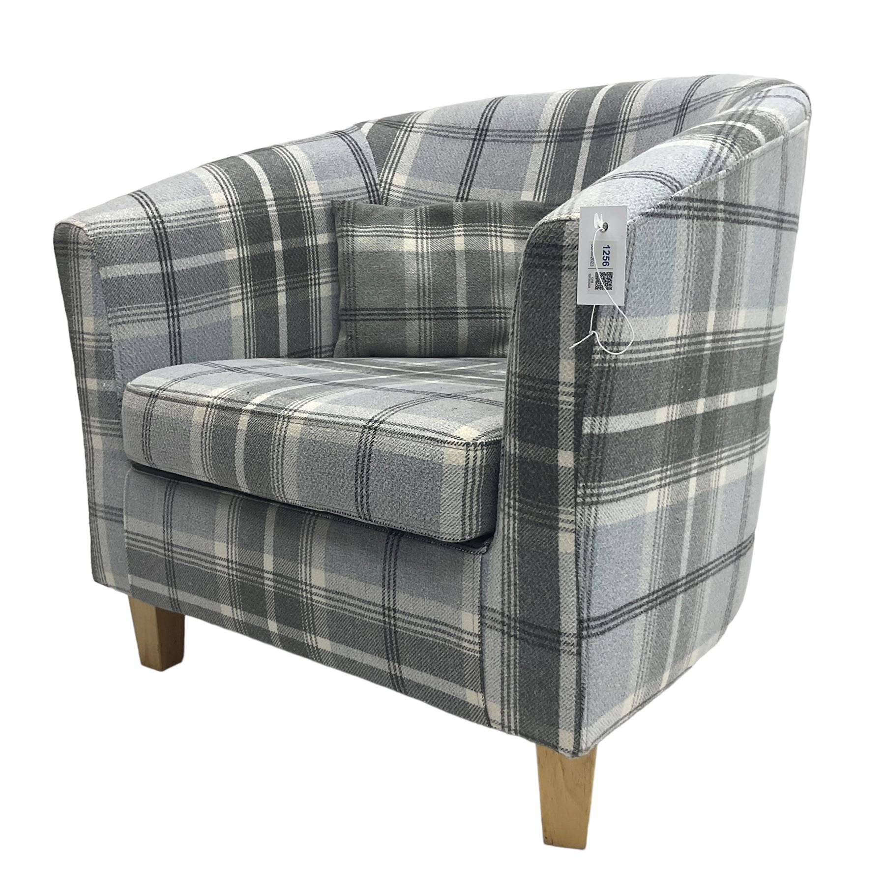 Tub shaped armchair, upholstered in tartan fabric