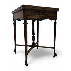 Victorian rosewood envelope games table, the moulded square top with four triangular hinge...