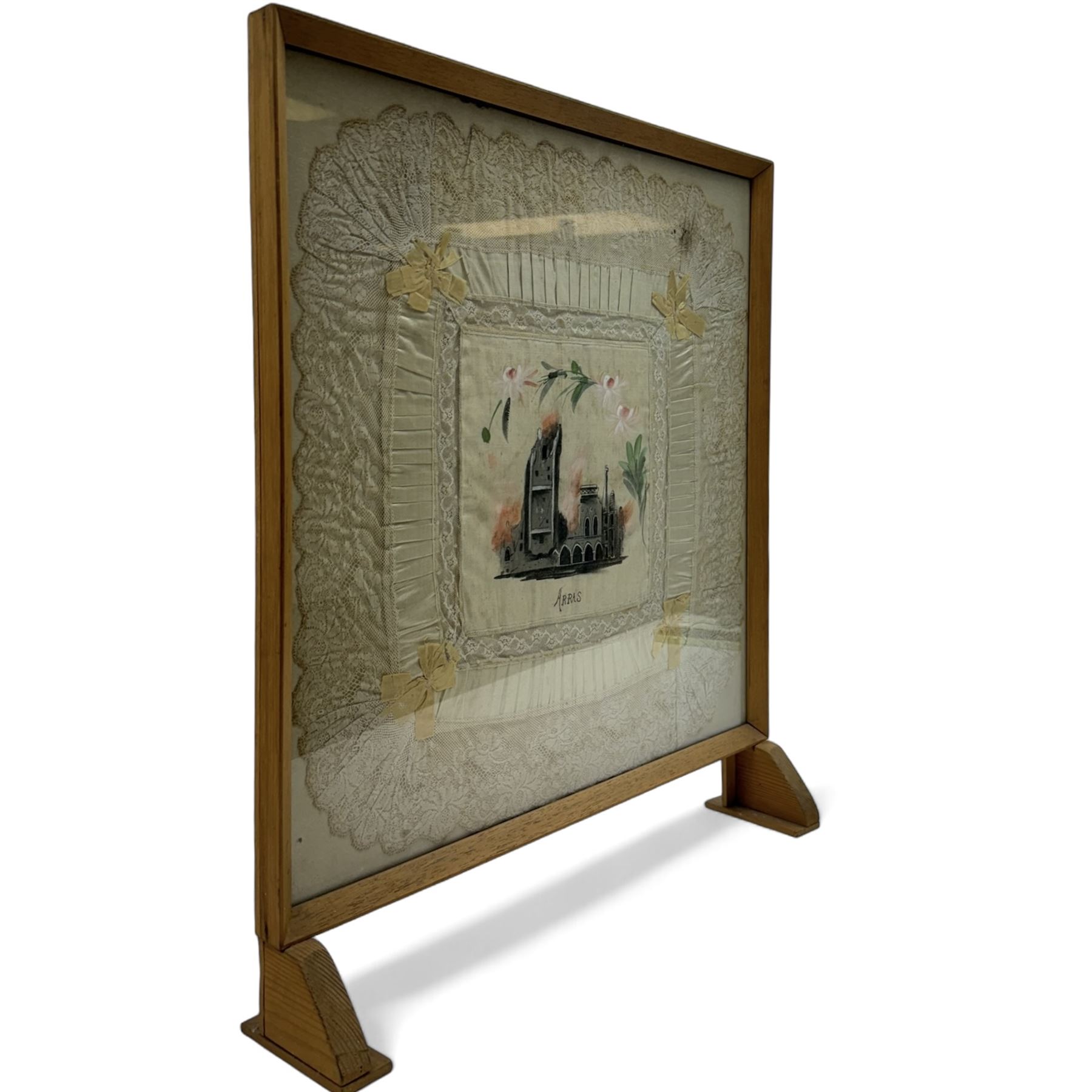 Framed WWI hand painted silk serviette with lace edges, painted with a building 'Arras' H60cm