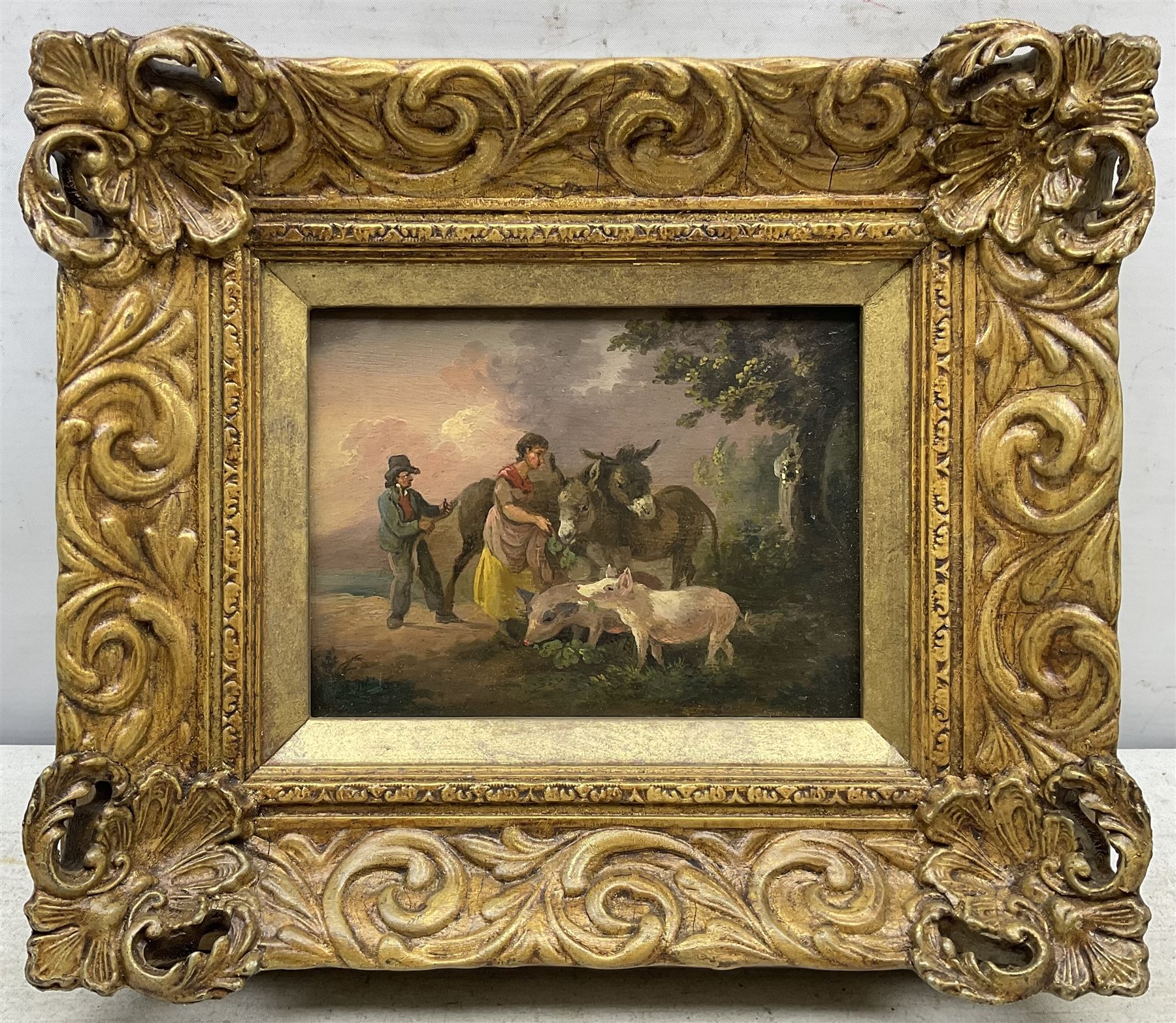 Julius Caesar Ibbetson (British 1759-1817): Children with Donkeys and Pigs, oil on panel unsigned, printed label verso 12cm x 16cm