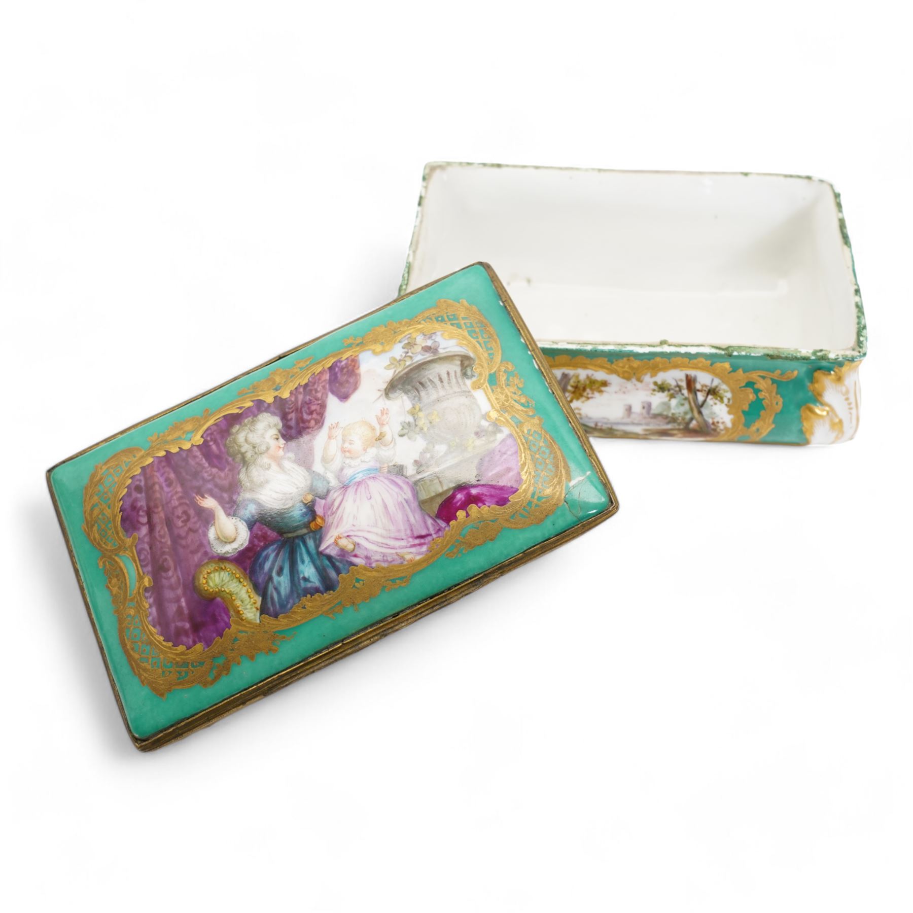 19th century porcelain and gilt brass mounted casket, of waisted rectangular form, the hinged cover painted with Georgiana, Duchess of Devonshire and her child Georgina Dorothy Cavendish, after Sir Joshua Reynolds, within a gilt border on green ground, the sides painted with panels of landscapes within acanthus moulded corners, Derby mark beneath, L14cm x H6cm