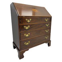 Mid-to-late 20th century inlaid mahogany bureau, inlaid floral medallion to the top, the fall front opening to reveal fitted interior with pigeonholes, small drawers and central cupboard, green inset writing surface with gilt tooling, four drawers below with brass handles, raised on shaped bracket feet