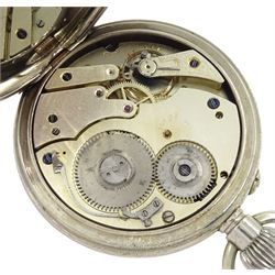 Early 20th century keyless lever 8 days goliath pocket watch by Favre-Leuba & Co, white enamel dial with Roman numerals and subsidiary seconds dial, in silver mounted leather case, with velvet interior, Birmingham 1901