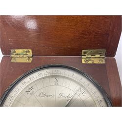 19th century thirty-two point surveyors compass, inscribed J. Davis Derby to the silvered dial, contained within a mahogany case, dial D11cm