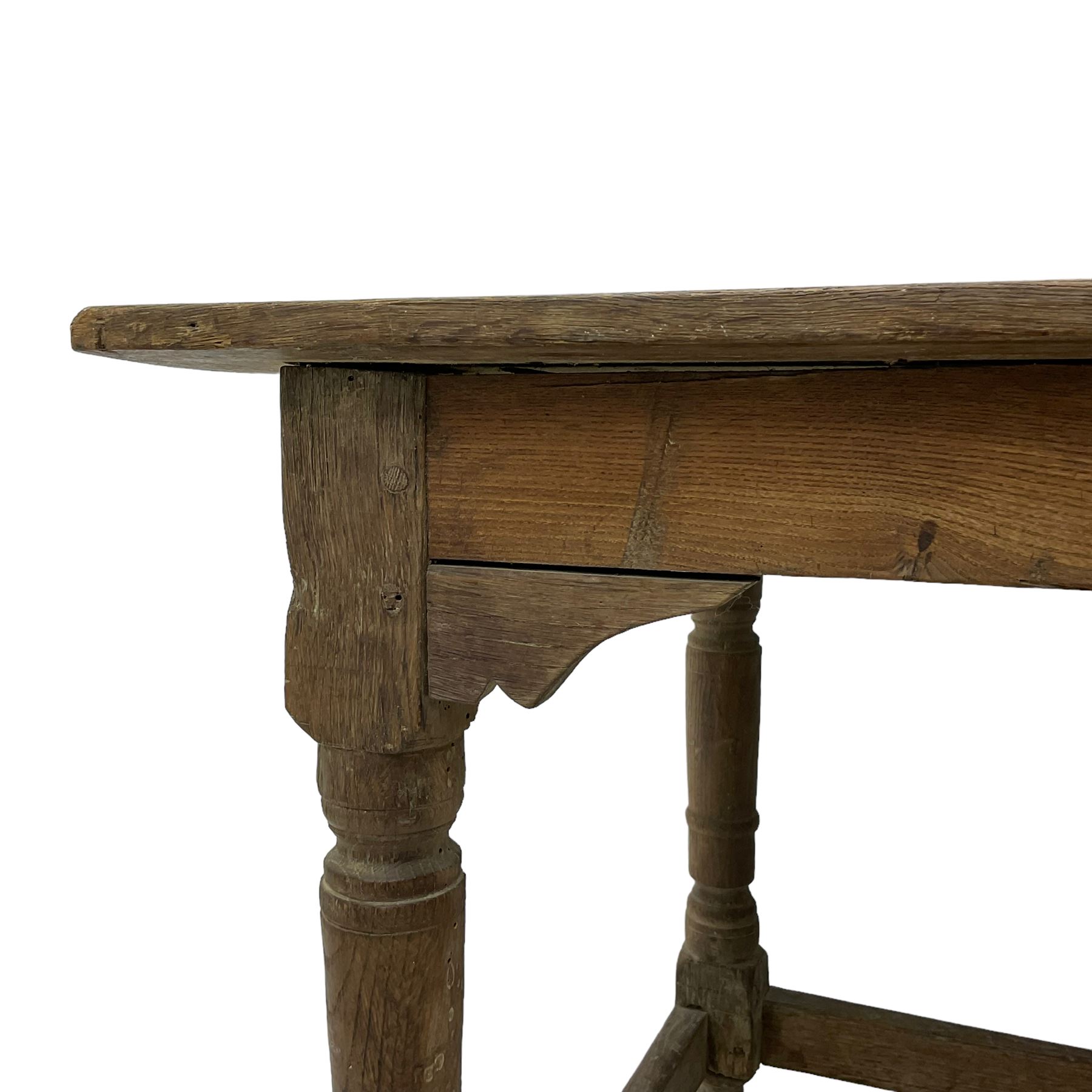 18th century oak joined table, rectangular pegged plank top on turned supports united by plain stretchers