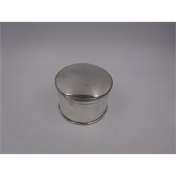 1920s silver box, of plain circular form with hinged lid, hallmarked Theodore Rossi, London 1929, H6.5cm, D9.7m