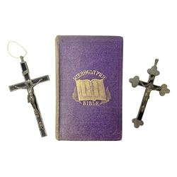 Early 20th century Hieroglyphic Bible or Select Passages from the Old and New Testament Represented by Emblematical Figures For The Amusement and Instruction of Youth, pub. Houlston and Sons, London, together with a wooden crucifix with metal banding and details, including skull and crossbones motif, and one other crucifix