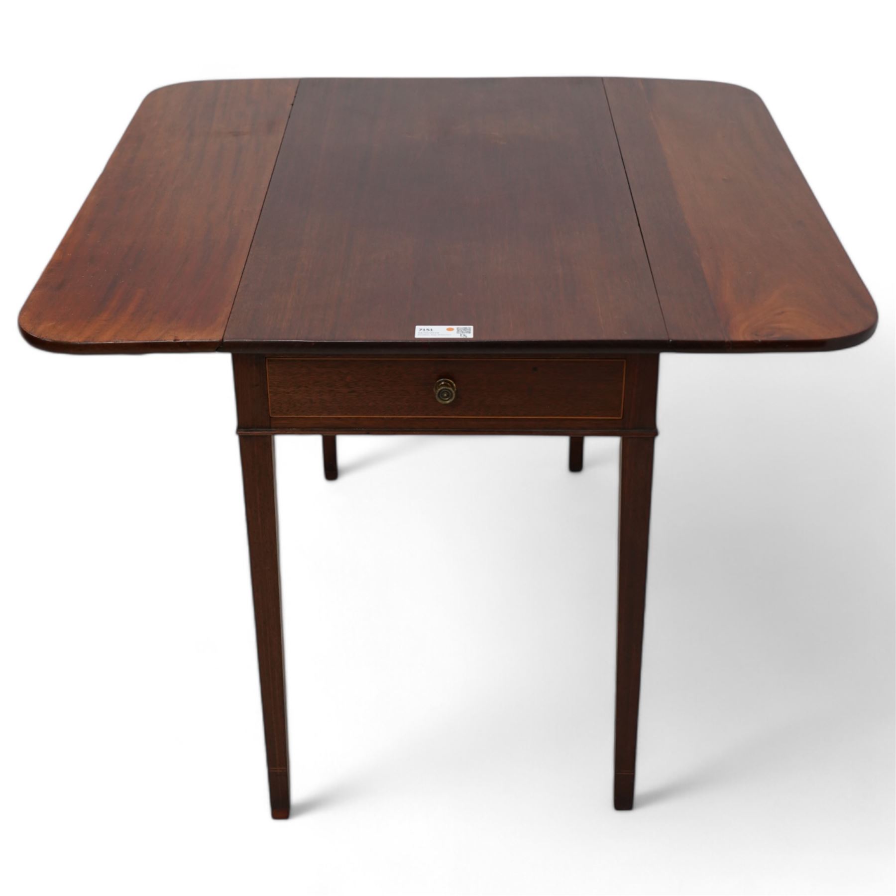 19th century mahogany Pembroke table, rectangular drop-leaf top with rounded corners, fitted with single end drawer, on square tapering supports