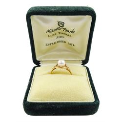 Mikimoto 14ct gold single stone cultured pearl ring, stamped K14, in original box with guarantee dated 1966