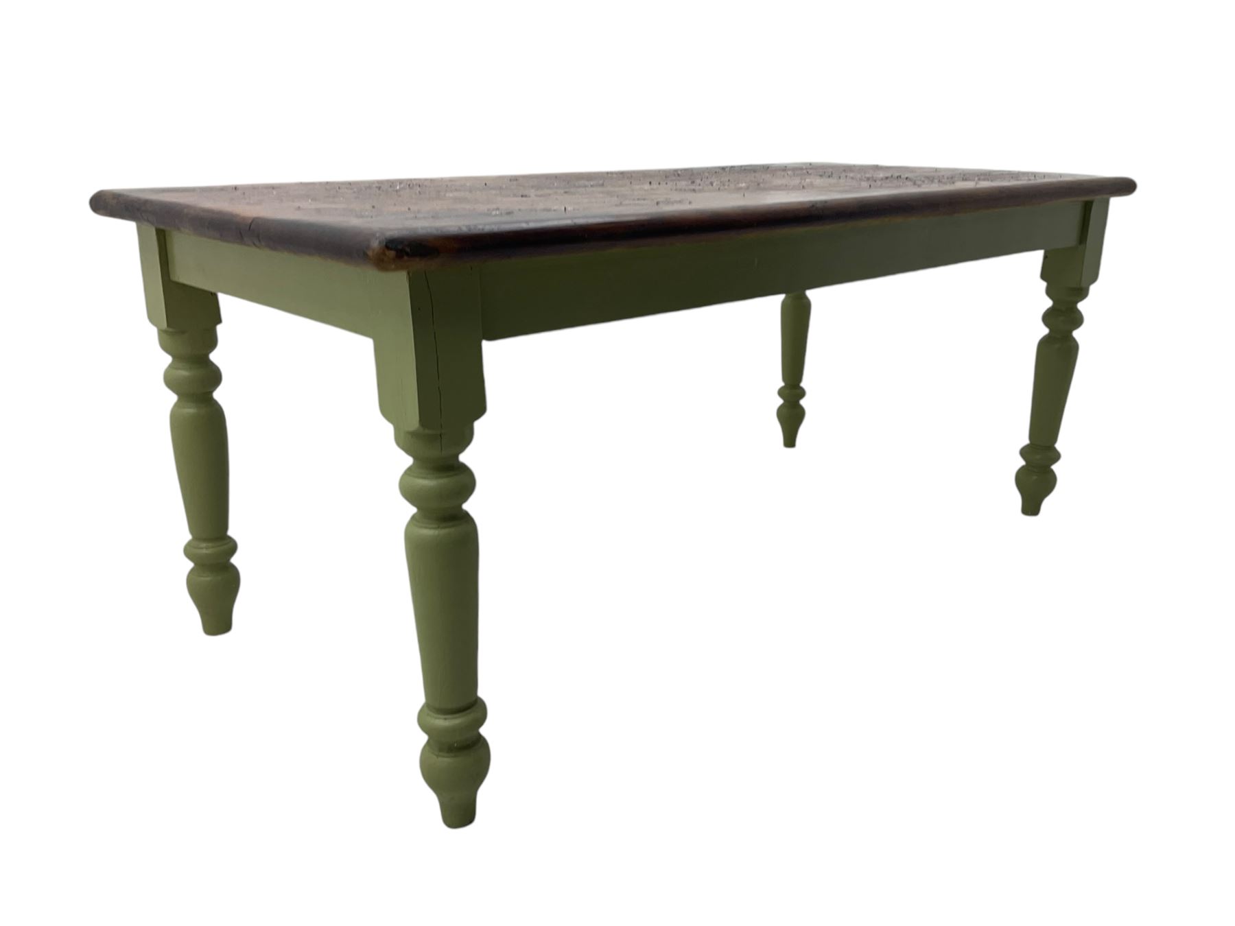 Hardwood dining table, rectangular top on laurel green painted base, fitted with turned supports 