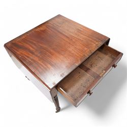 19th century mahogany centre table, moulded drop-leaf top with rounded corners and rosewood band, fitted with single cock-beaded drawers and opposing false drawer, on rope twist supports with brass cups and castors 