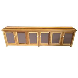 Large beech sideboard dresser, fitted with six doors with painted panels