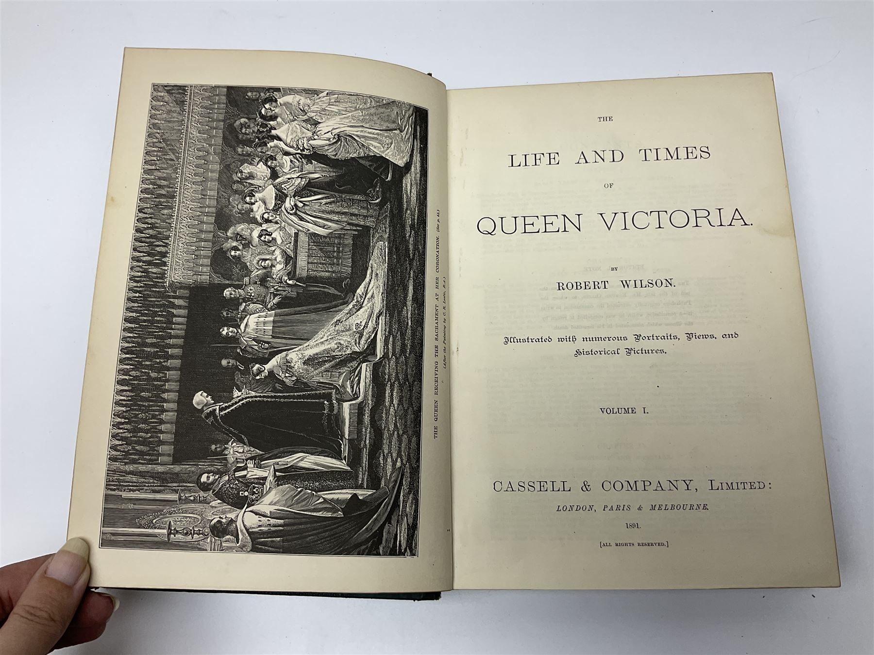 Three L Ruet etchings, together with two volumes of The Life and Times of Queen Victoria by Wilson 