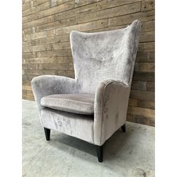 2 x Wing back armchair upholstered in silver crushed velvet fabric