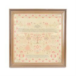 Victorian sampler by Elizabeth Mary Nicholson aged 15, dated 1863, worked with religious v...