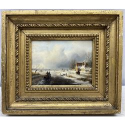 Jan Jacob Coenraad Spohler (Dutch 1837-1923): Pushing a Sled on a Frozen Lake, oil on mahogany panel signed with initials 13cm x 18cm