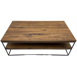 Samba oak coffee table, rectangular top over undertier storage, applied mid-tone finish, supported by black metal frame