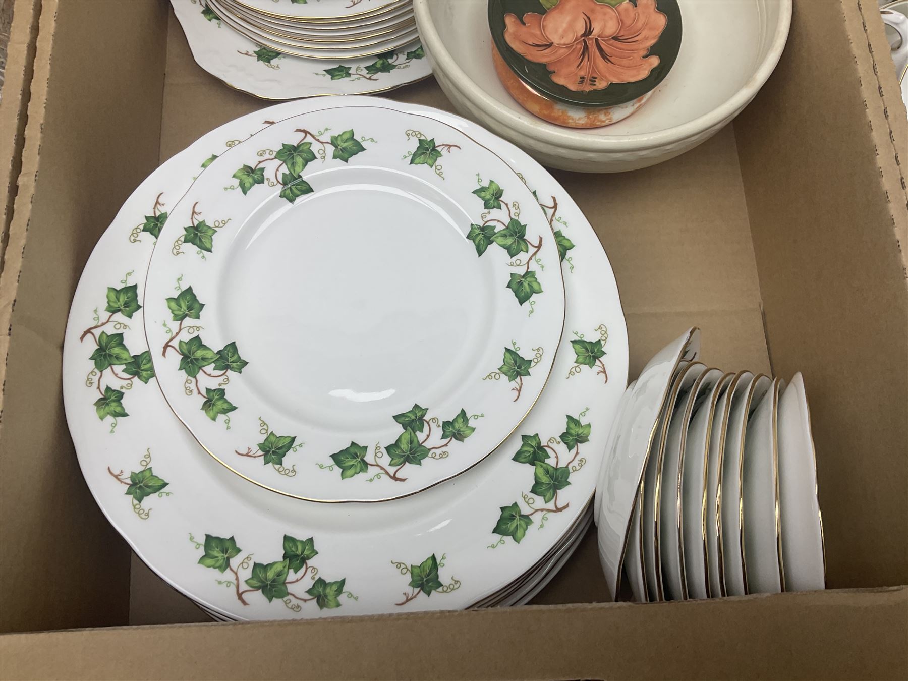 Moorcroft Hibiscus pattern trinket dish, together with Edinburgh Crystal wine glasses, Colclough ivy pattern tea and dinner wares etc, in three boxes 