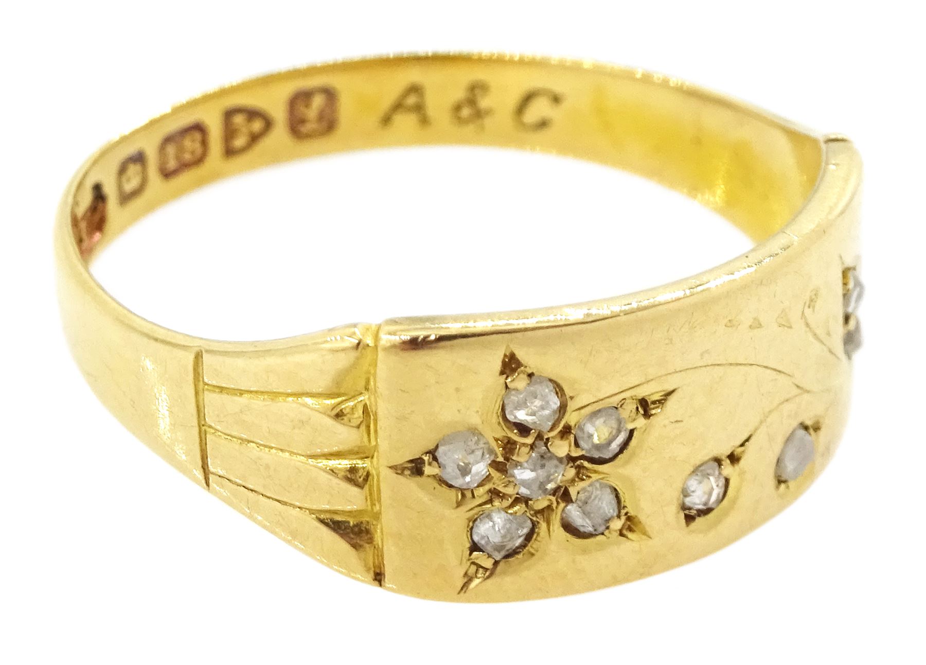 Edwardian 18ct gold rubover set diamond floral band, Chester 1911