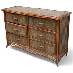 20th century rattan and cane chest in neutral tones, fitted with six drawers, lattice woven apron over splayed feet