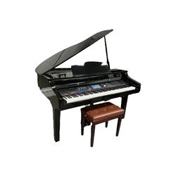 Minster Pianos - Grand 1000 digital grand piano with three foot pedals, touchscreen LCD display, 88 hammer action keys and 8 touch sensitive pads, housed within glossy black lacquered case; adjustable brown upholstered stool