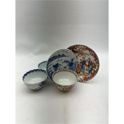 19th Century Chinese tea bowl and saucer, decorated with figures in a garden scene, together with tow other tea bowls and a saucer 