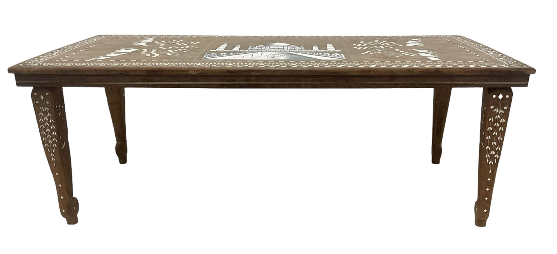 20th century Indian inlaid hardwood coffee table, rectangular top decorated with simulated ivory inlays depicting the Taj Mahal and elephants