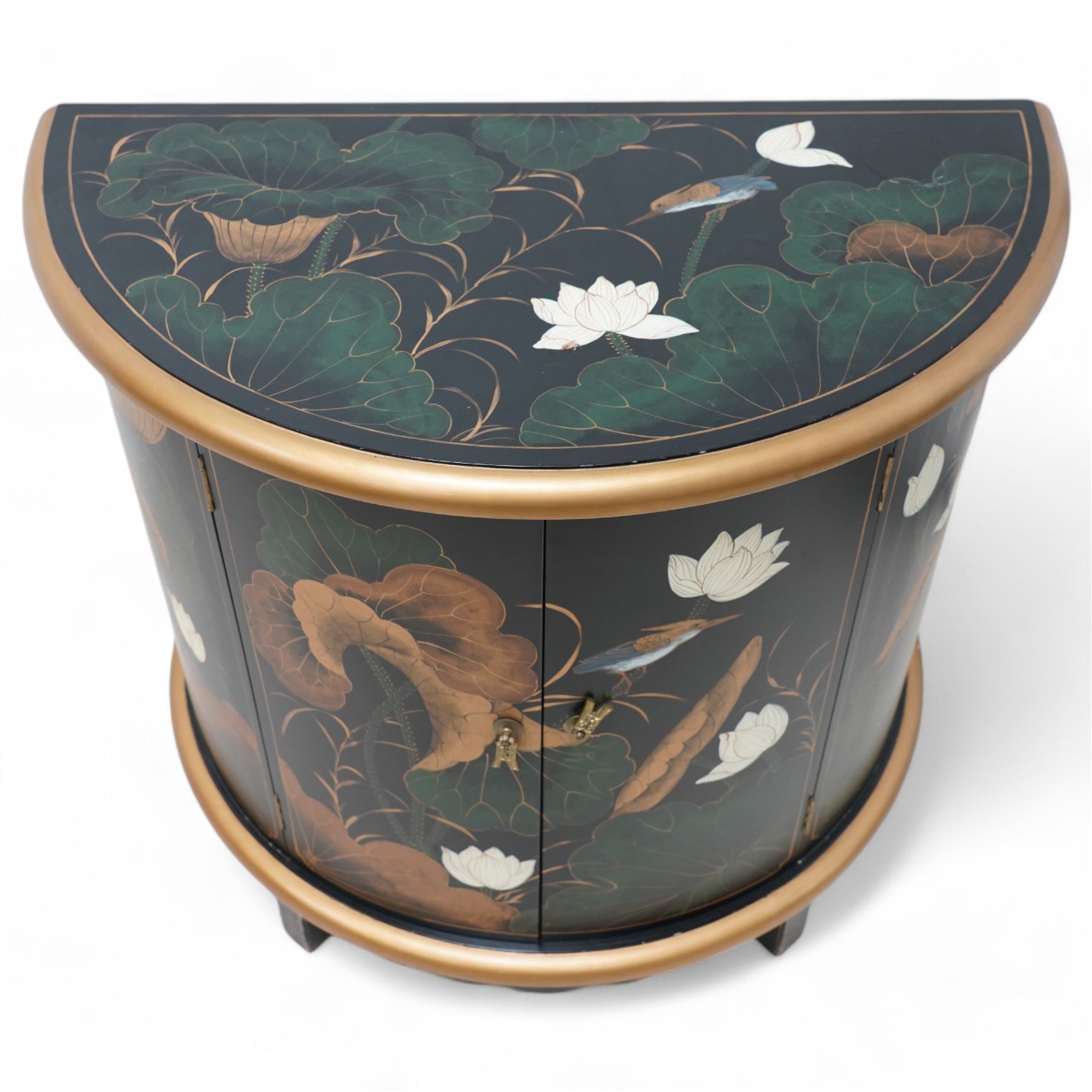 Chinoiserie design demi-lune cabinet, moulded top over two panelled doors, decorated with floral decoration and birds 