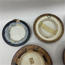 Six framed Prattware pot lids comprising 'Bear, Cock & Lion', 'Bear on Rock', 'Alas! Poor Bruin', ' Lady, Boy and Goats', 'The Shrimpers' and one other, largest D15.5cm (6)