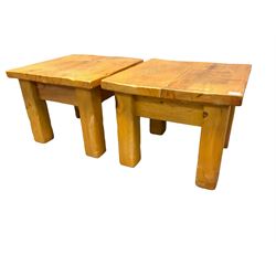 Two pine square coffee tables on block supports