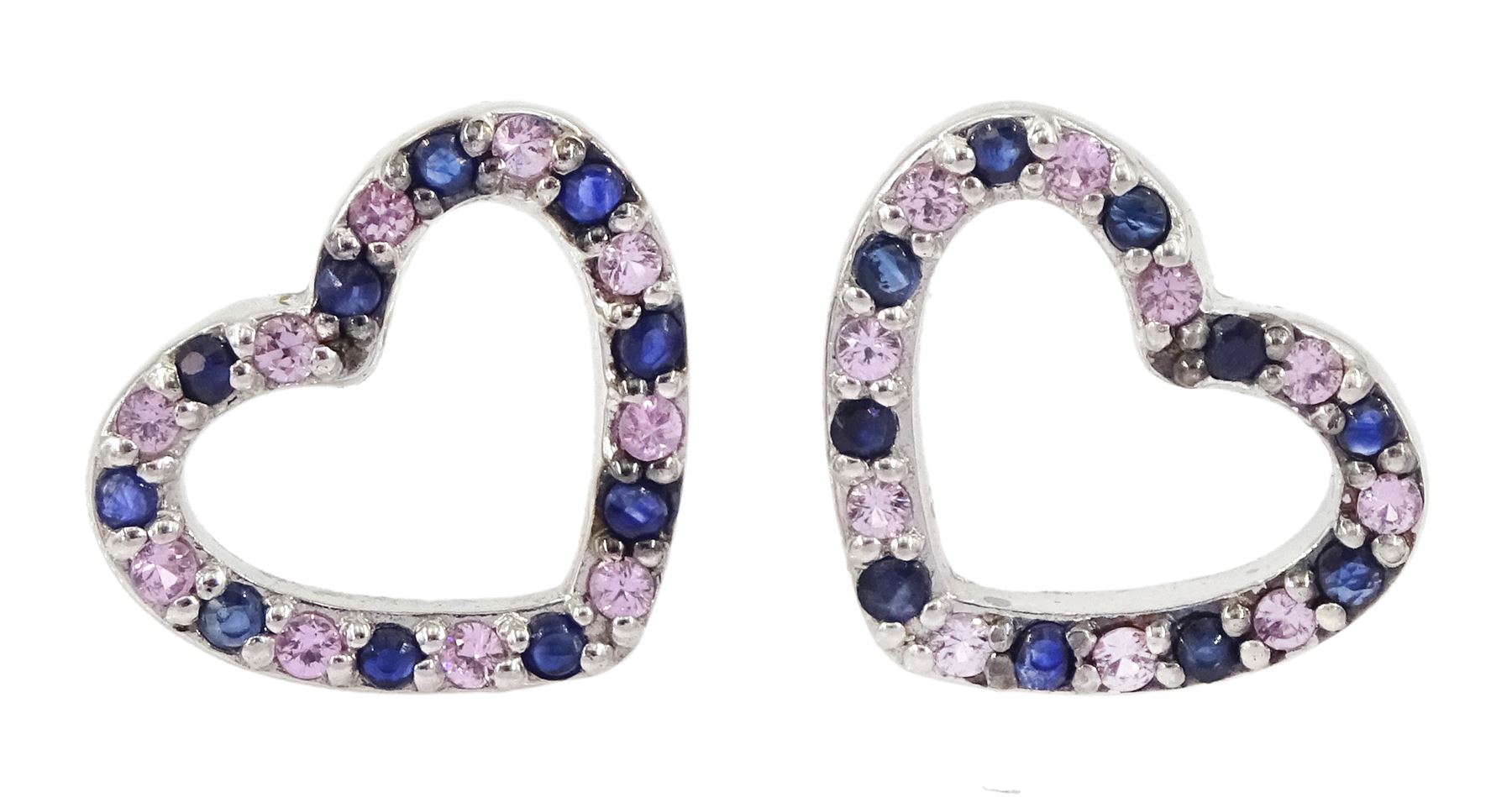 Pair of 9ct white gold pink and blue sapphire heart shaped stud earrings, hallmarked