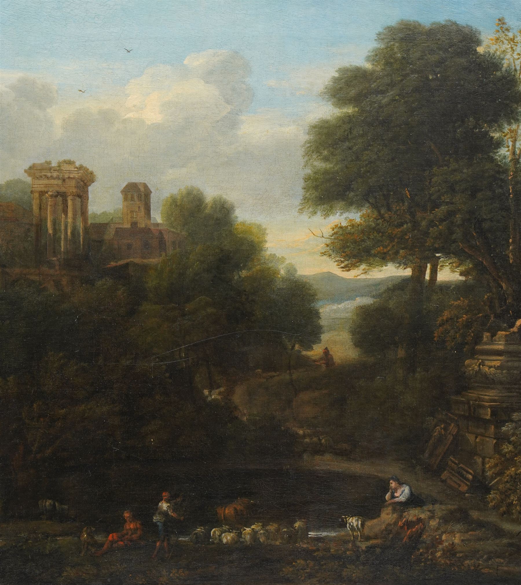 John Wootton (British 1678-1764): Extensive Italianate Capriccio Landscape with Classical Pastoral Figures, oil on canvas indistinctly signed lower centre 'J Wootton' 66cm x 61cm
Provenance: Purchased at Christie's, King Street, London, British Pictures Sale, July 1991, Lot 64
Notes: When sold at Christie's, they noted it was inscribed on an old label on the reverse: 'Landscape manner/Poussin(?) by John Wootton'. This work exemplifies the artist’s mastery of blending naturalism with classical idealization. The serene composition, featuring classical ruins, pastoral figures, and a luminous landscape, reflects the influence of both Poussin and Claude Lorrain, blending imaginary and real elements in a harmonious, timeless scene. It clearly demonstrates why his landscapes were often compared to the great French masters of the 17th century - and appealed to the tastes of contemporary aristocratic collectors.