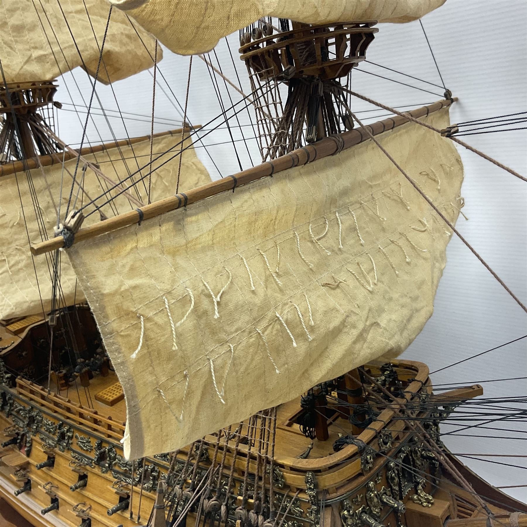 Large kit built scale model of 17th century Royal Navy warship 'HMS Sovereign of the Seas', upon wooden stand with engraved name plaque, H91cm, W111cm