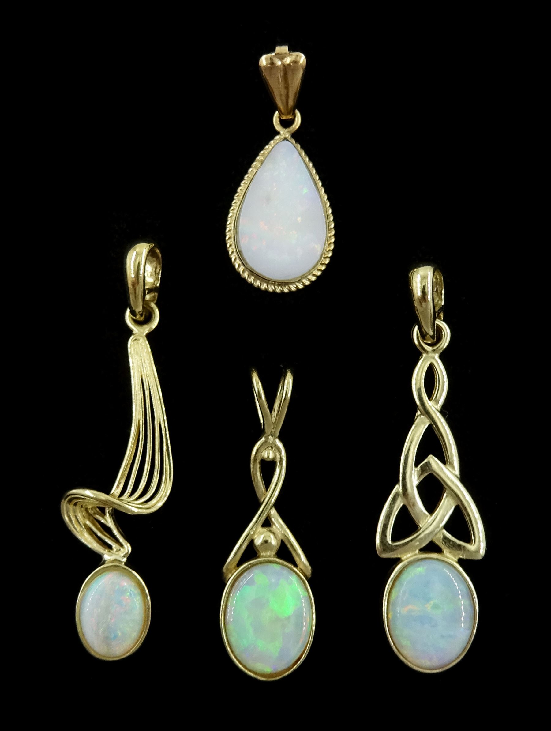 Four 9ct gold opal pendants, including Celtic and swirl designs, hallmarked